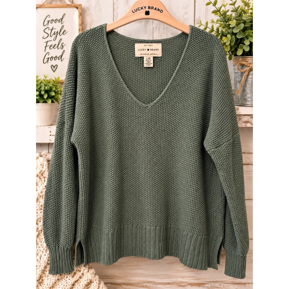 Lucky Brand Womens Sage Green V-Neck Shaker Stitch Cotton Blend Sweater Size L